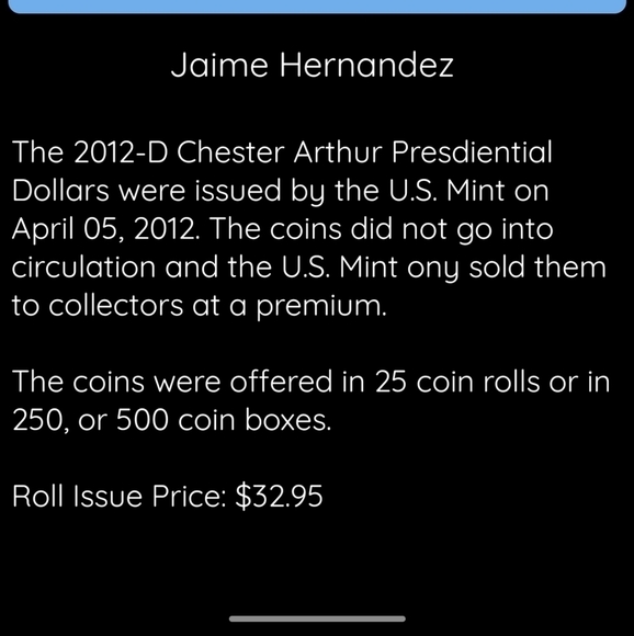 2012 D $1 Chester Arthur Uncirculated Mint (Coin #16) ms68+ - Picture 4 of 5